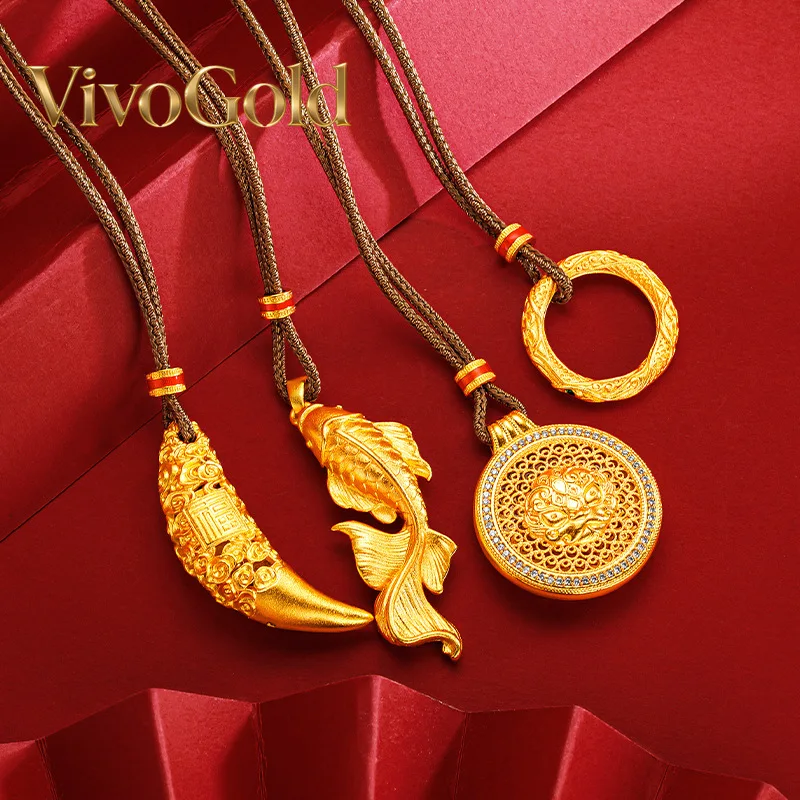 

VivoGold9999 24K Real Gold Koi Pendant Micro Inlaid Divine Beast Compass Hollow Wolf Teeth Necklace