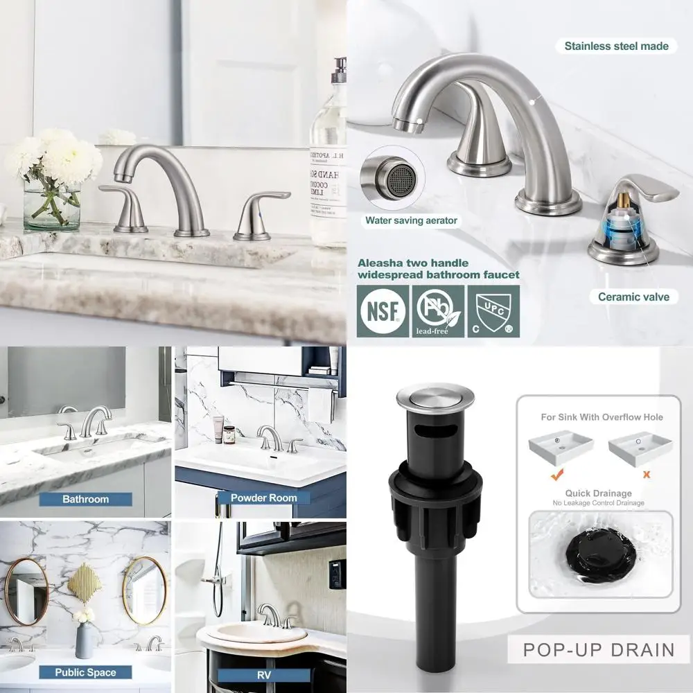 

3-Hole Brushed Nickel Widespread Faucet, Stainless Steel Lead-Free Hose, Pop-Up Drain with Overflow for RV Bathroom Sinks