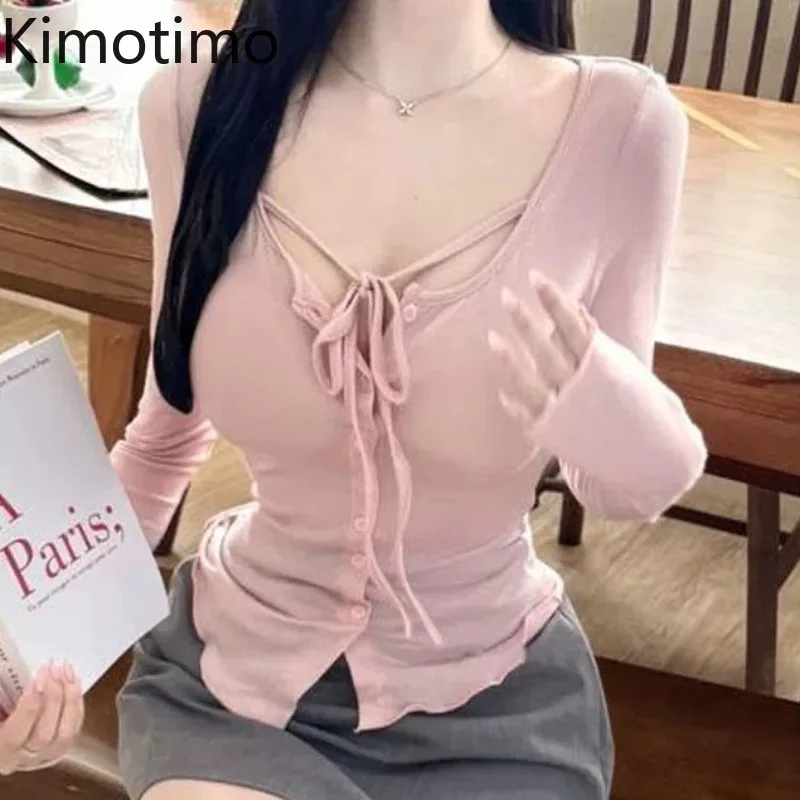

Kimotimo Sexy Pure Short T-shirt Women Bandage Halter Waist Single Breasted Bottomed Y2k Tops Temperament Slim Long Sleeve Tees