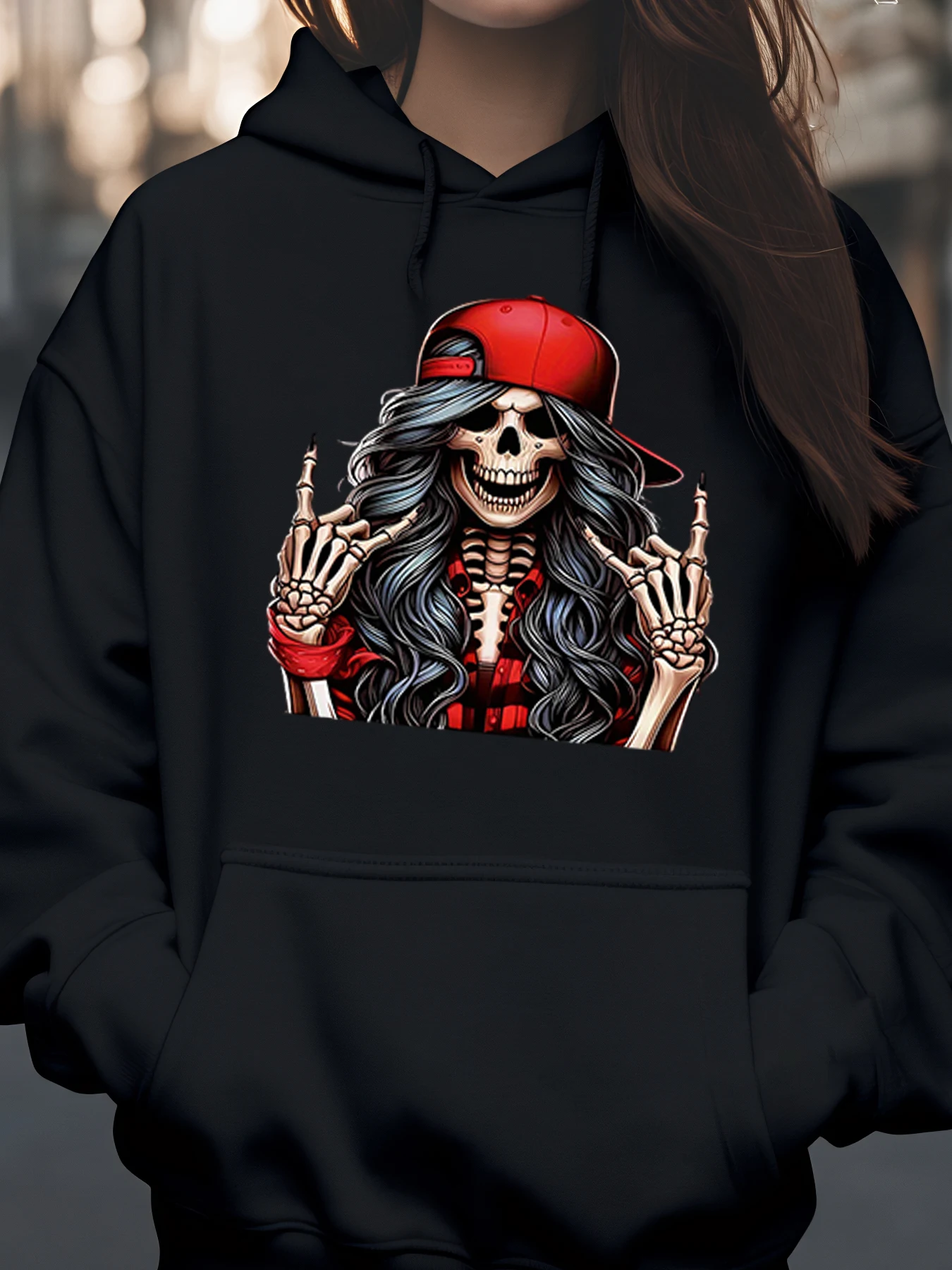 الهيكل العظمي فتاة قبعة حمراء طباعة هوديي هالوين ملابس غير رسمية الملابس النسائية