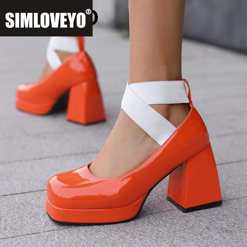 

SIMLOVEYO Женские туфли-лодочки с квадратным носком на массивном высоком каблуке 9,5 см, платформа 2 см, пряжка, Т-образный ремешок, большой размер 47 48, модная обувь для свиданий для девочек