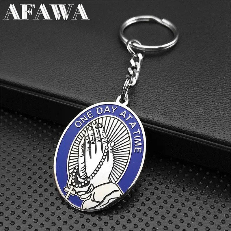 

One Day at a Time Pray Hand Keychain for Women Men Stainless Steel Silver Color Religion Medal Keyring Jewelry porte clésK9628