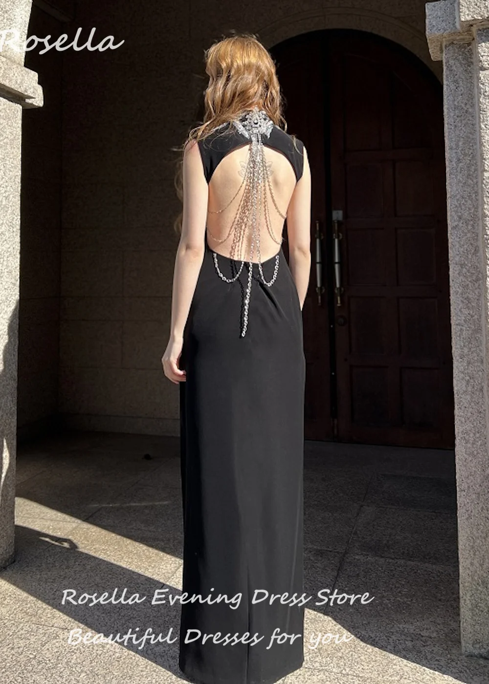 ROSELLA Black High Neck Evening Dresses Ankle Length Rhinestone Appliques Straight High Split Garden Formal Party Ball Gown