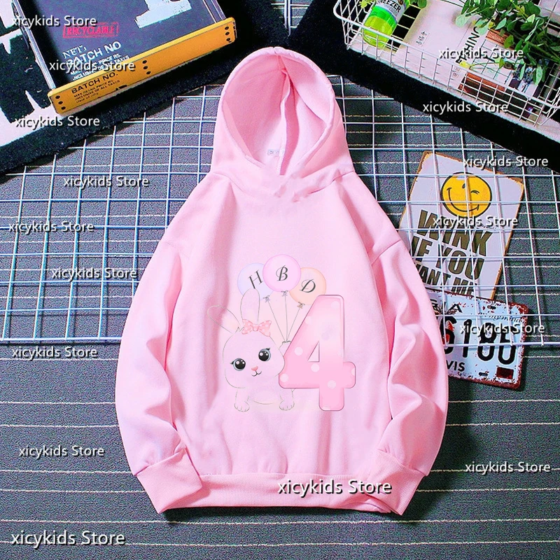 

New girls hoodies balloon rabbit birthday number 1-8 years old children's birthday gift hoodies cute kids hoodies pink coat tops