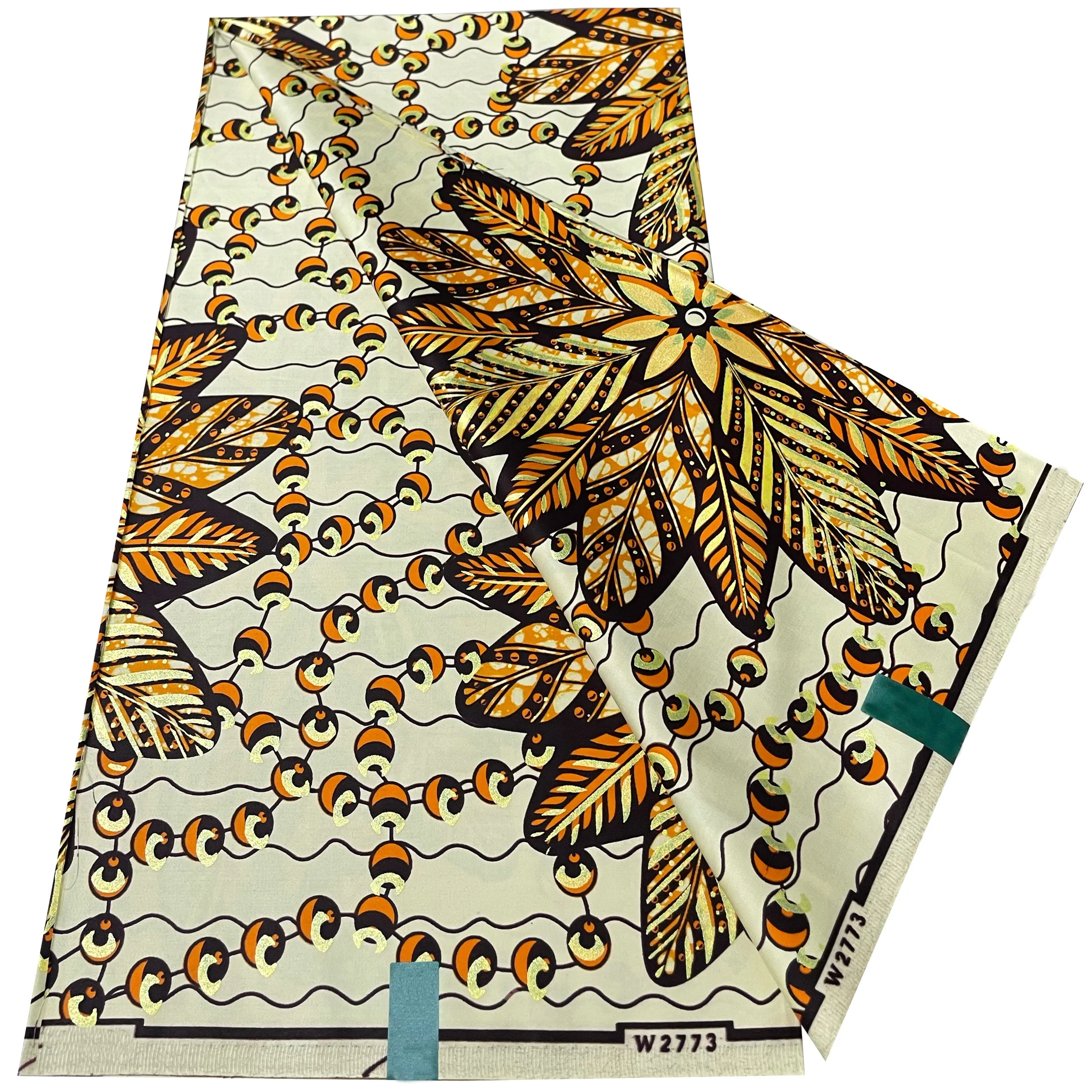 High Quality African Wax Fabric 6 Yards Gold Foil Leaf Ankara Print Hollandais Pagne Nigerian Ghana Dress Material