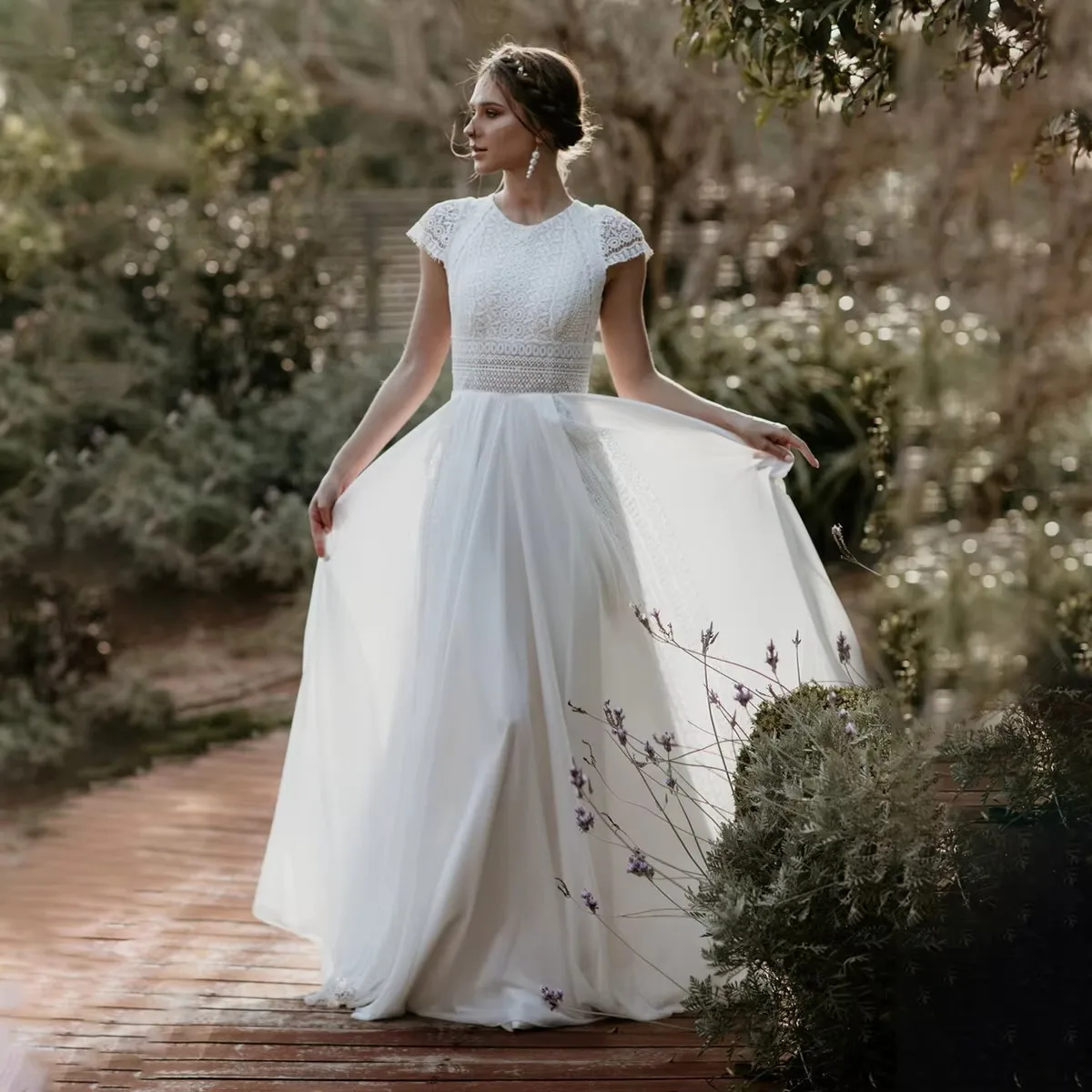 Lakshmigown Bohemian Hochzeitskleid mit Spitzenärmeln, Boho Langes Brautkleid aus Chiffon, Strand-Brautkleid, Robe De Marie, Maßanfertigung – Detail 7