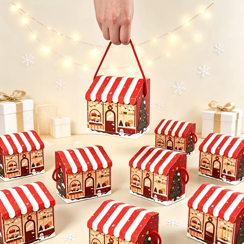 10pcs 10pcs Christmas House-shaped Gift Boxes with Handles, Featuring Adorable Snowman Christmas Prints,Portable Paper Packaging Boxes - Aliexpress Deal