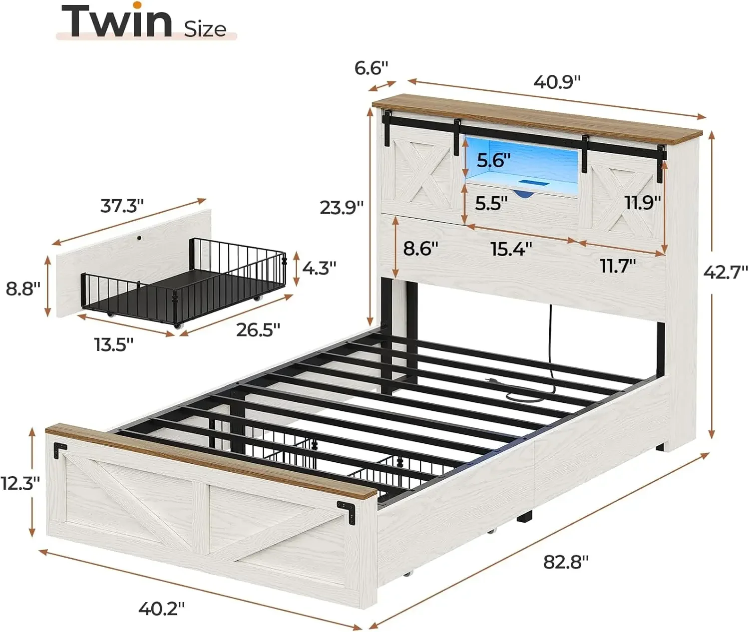 [الأسهم المحدودة! إطار سرير مزدوج الحجم مع درجين للتخزين، وسرير مزدوج بمنصة خشبية مع أضواء LED ومحطة شحن، Rusti #3