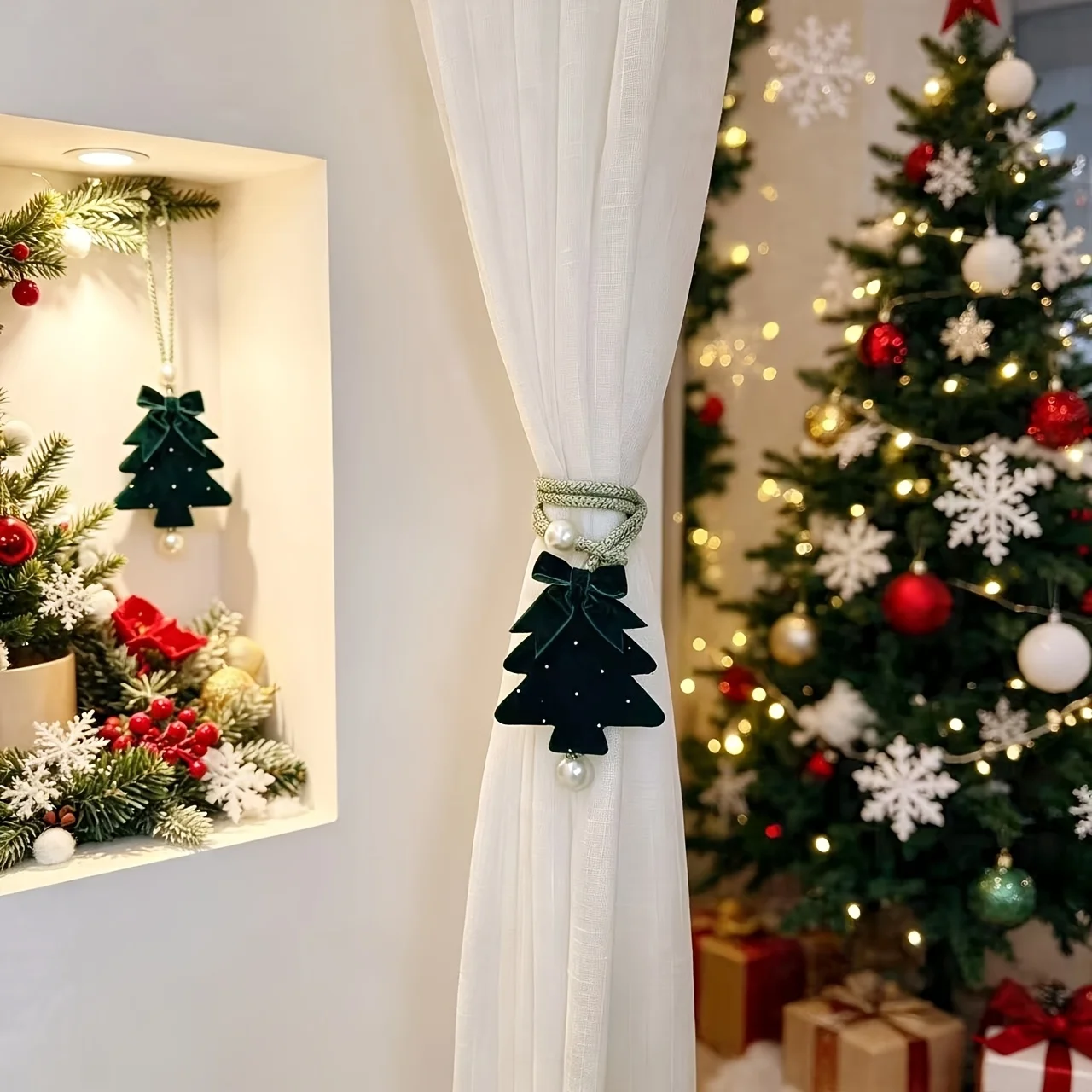 1/2pcs Velvet Bow with Rhinestones,Christmas Tree Curtain Tiebacks,Suitable for Curtain Fixing/Christmas Fabric Curtain Decor