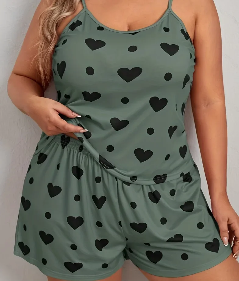 Plus Size Heart Print Women Pajama Set Sleeveless O Neck Crop Top & Elastic Waist Shorts 2 Pieces Female Sleepwear Nightwear