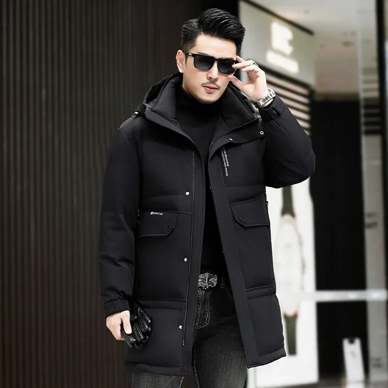 2023 Winter New Down Suit Men's Mid length Duck Down Thickened Warm Windproof Coat Youth Long Casual Top