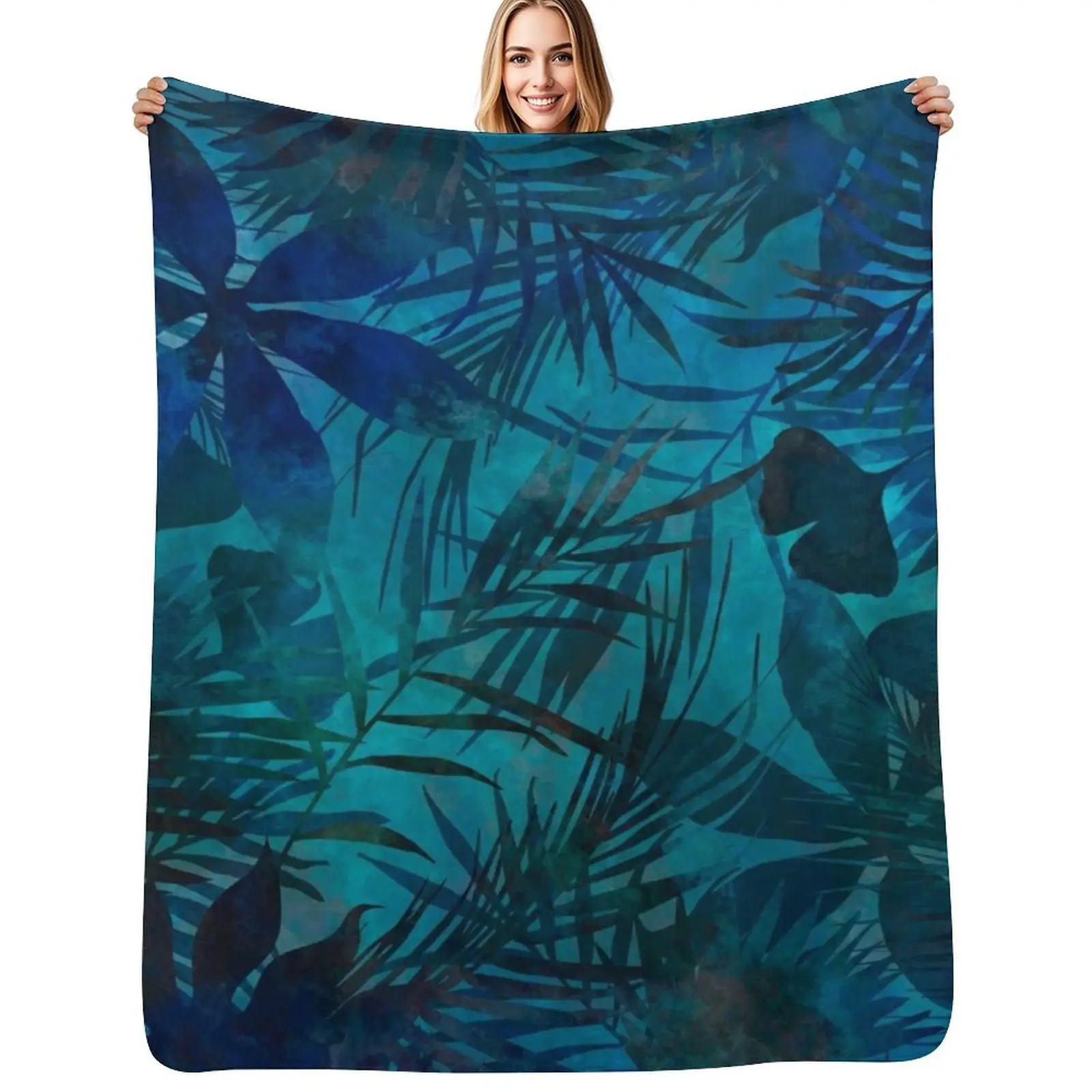 

Teal Blue Watercolor Tropical Jungle Painting Throw Blanket Faux Fur Soft Warm Blanket for Bed