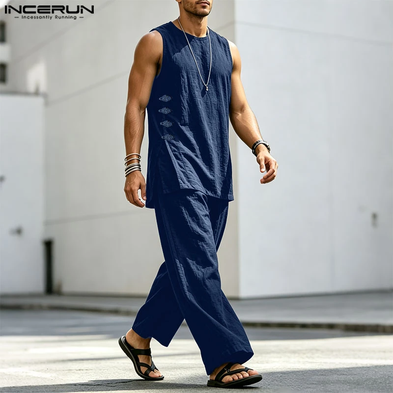 INCERUN Men's Sets Solid Vintage Streetwear Loose Sleeveless Tank Tops Pants Two Piece Sets 2026 Summer Casual Men Matching Sets view 2