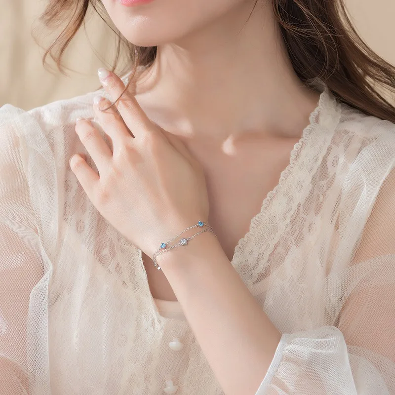 925 فضة أزرق أبيض كريستال أساور للنساء الفاخرة تألق طبقة مزدوجة ستار أساور مجوهرات أنيقة