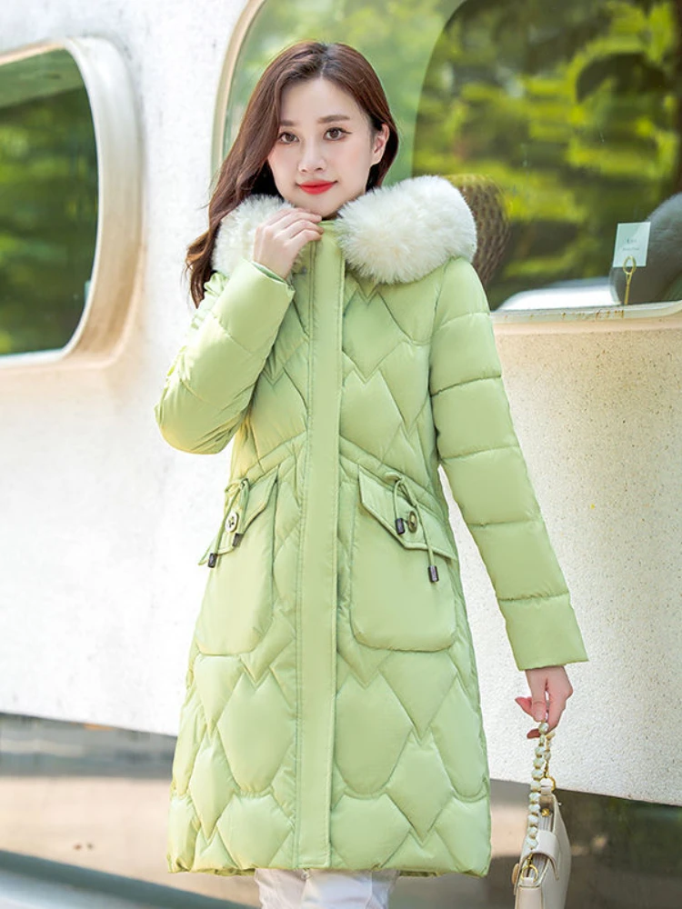 2023 Fashionable Women\'s Very Keep Warm Winter Drawstring Coat Lady Mid-Length Thickening Hooded Large Fur Collar Cotton Outwear