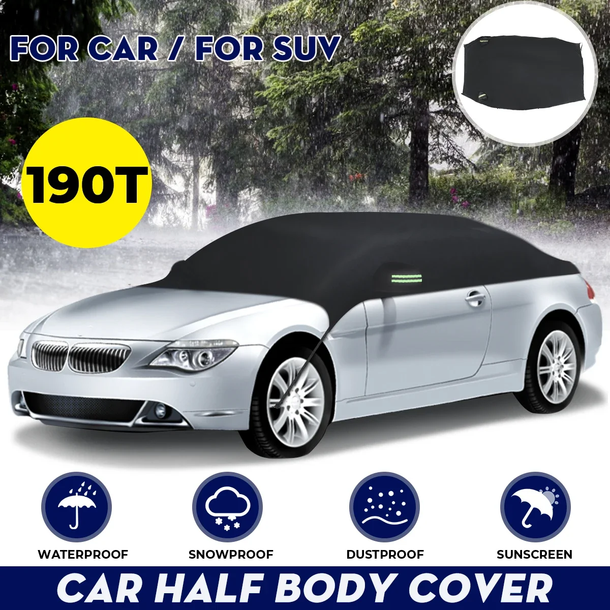 190T Waterproof Car Half Body Cover Sun Shade Sunscreen UV Snow Resistant Automobile Accessories For Car Care