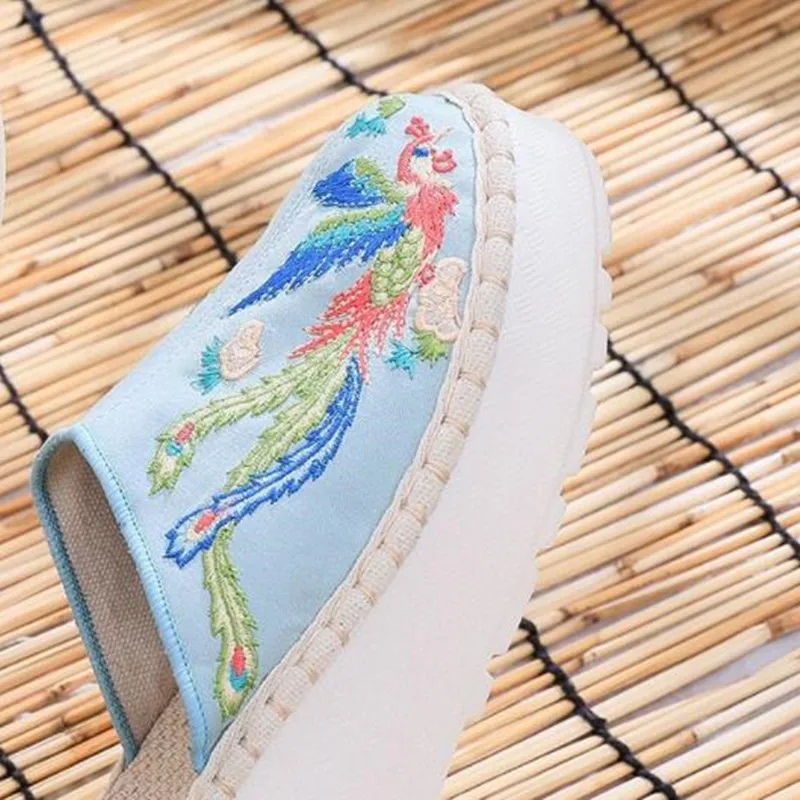 Women Summer Slippers Ethnic Embroidered Wedge Shoes Ladies Casual Slides Vintage Outdoor Mules Female Round Toe Heels