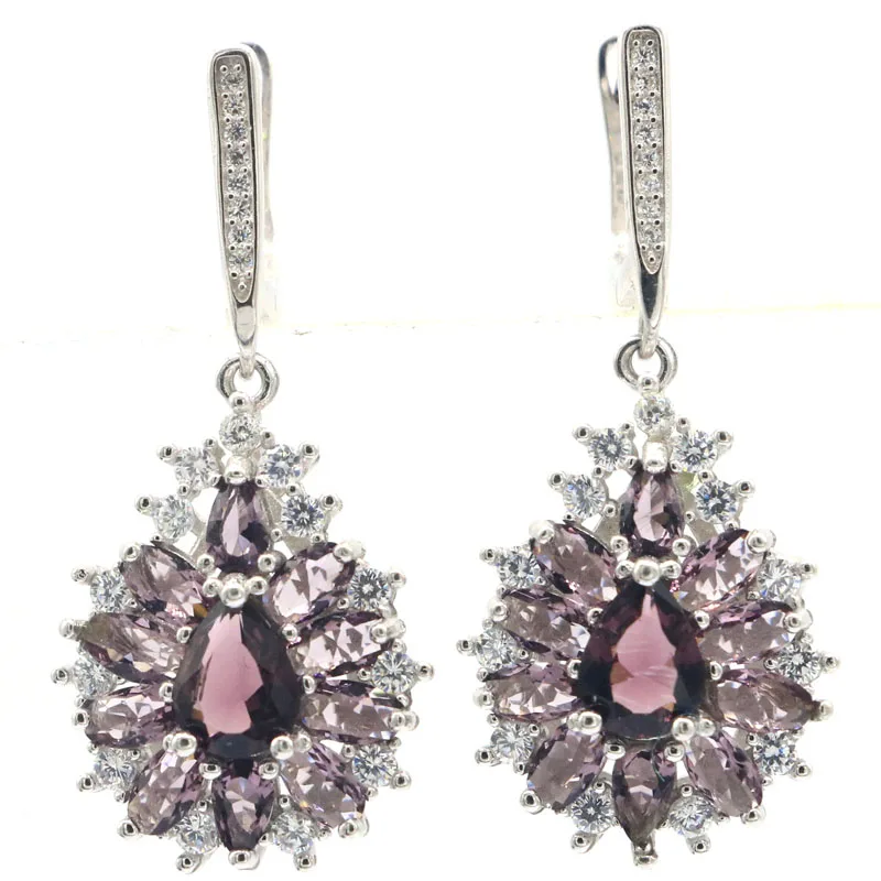 

40x18mm Jazaz 9.8g Purple Amethyst Pink Tourmaline White CZ Females Wedding 925 Solid Sterling Silver Earrings