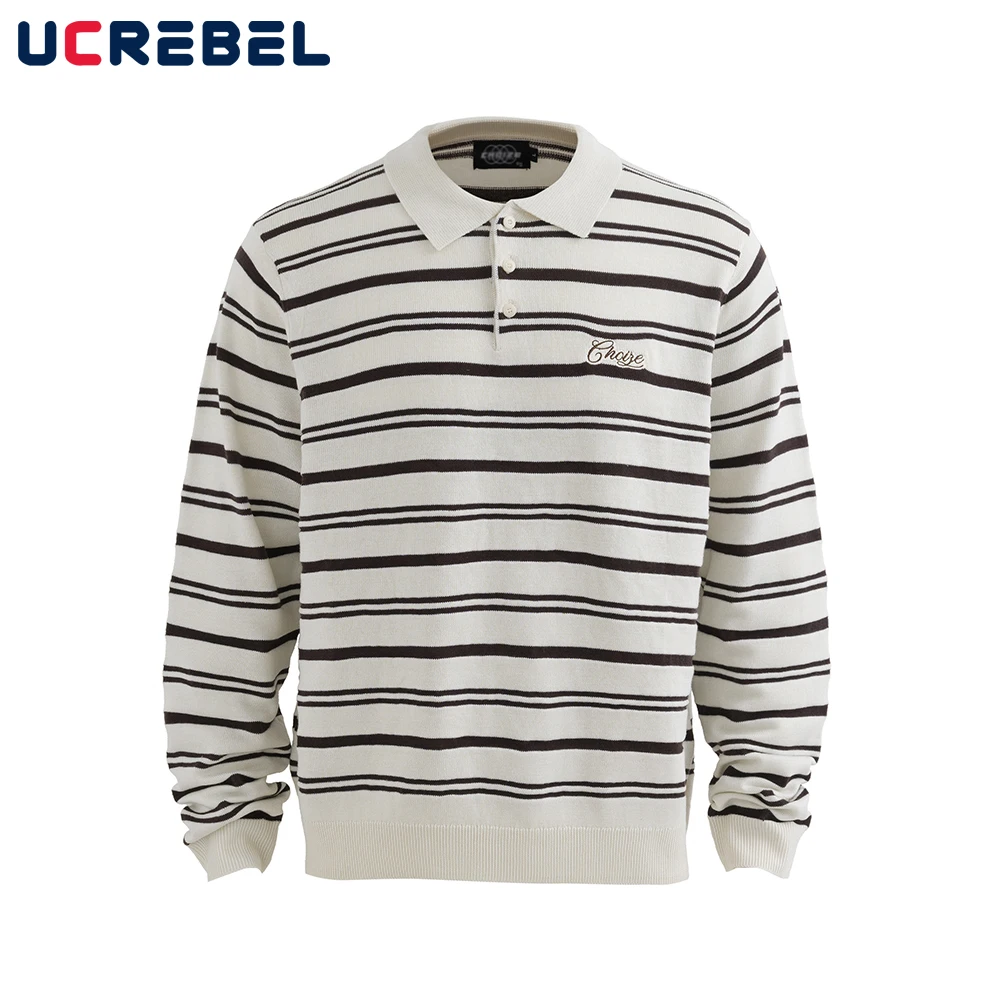 Striped Lapel Sweater Mens Letter Embroidery Retro Autumn Winter Streetwear Long Sleeve Loose Knitted Pullover Man