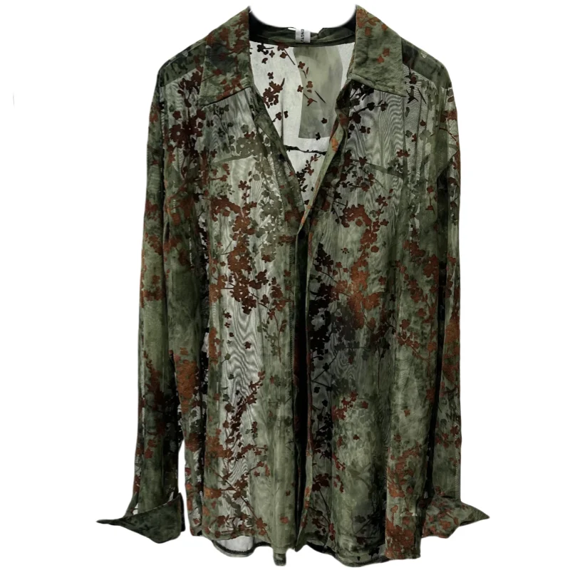 Summer Design Hollow Print Idle Style Loose Long Sleeve Shirt Retro Temperament Wild Sheer Top Men and Women