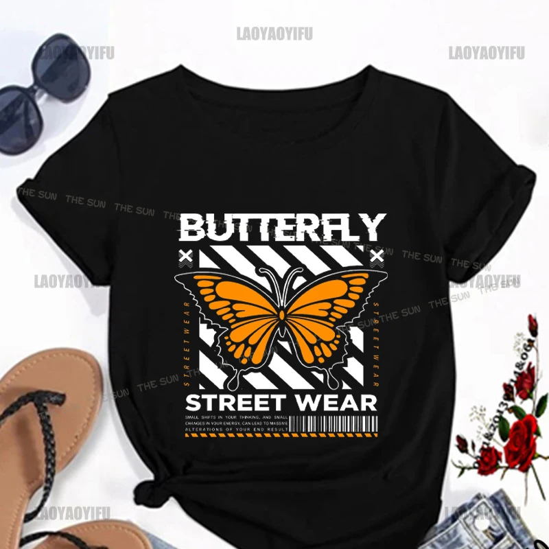 

Short Sleeve Clothing Streetwear Women Butterfly Printing Shirt Harajuku Casual T-Shirt Street Fashion Men's Cotton