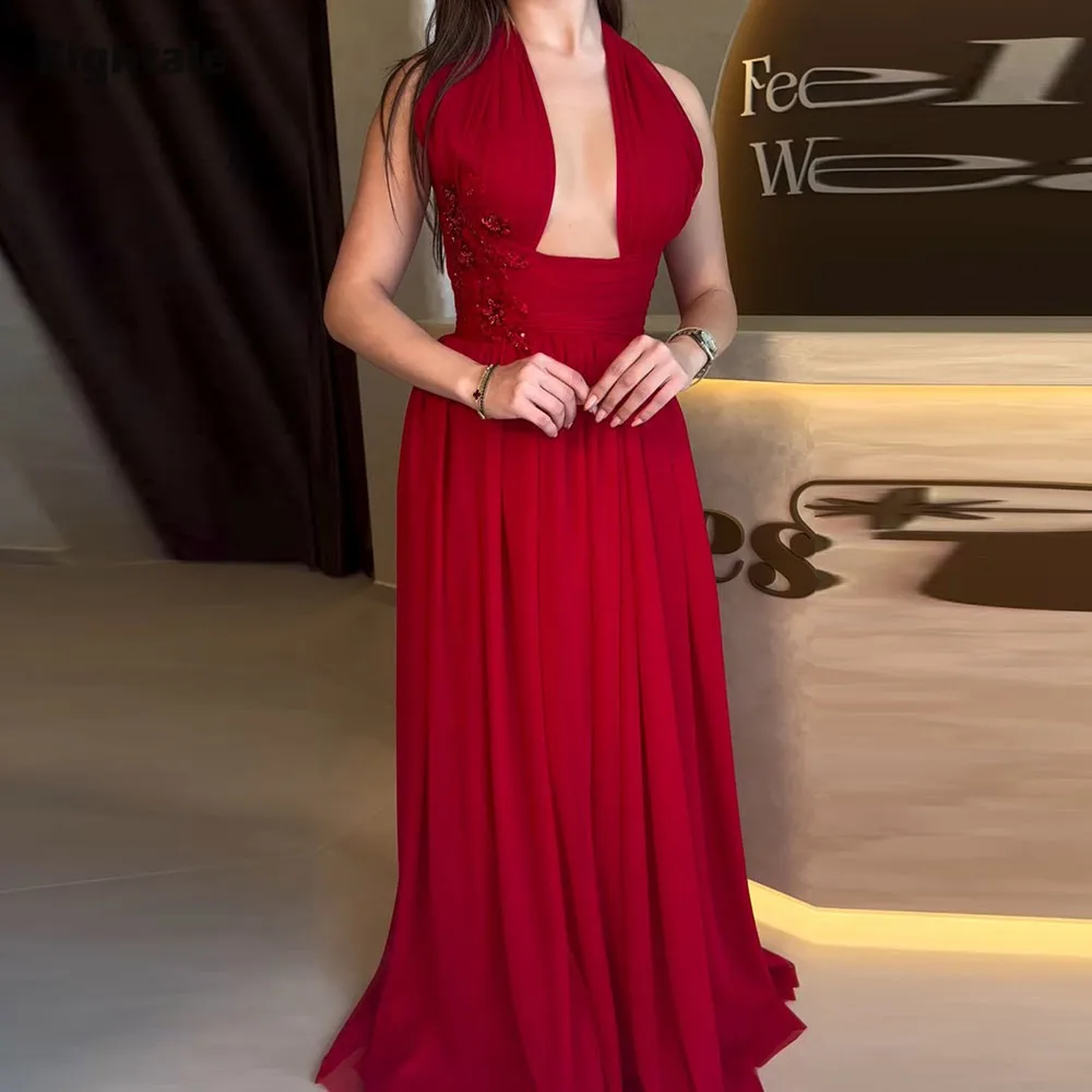 

Eightale Arabic Evening Dress Halter Chiffon Muslim Customized Pleats A-Line 3D Flowers Red Sexy Prom Wedding Party Gown
