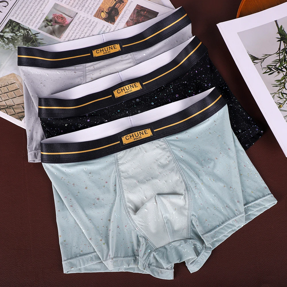 

1/3PCS Breathable Holes Fashion Glitter Print Men's Panties Quick-dry Ice Silk Lingeries for Man High Elastic Men's Underwear