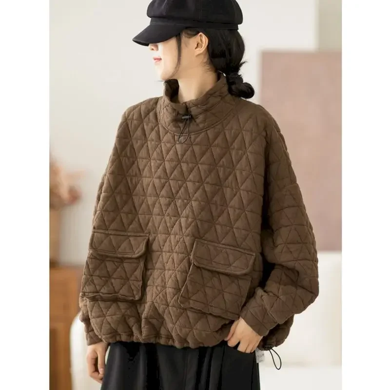 Herfst Winter Trendy Truien Vrouwen Losse Oversized Trui Jas Mode Diamant Raster Trekkoord Tops Dikker Opstaande Kraag