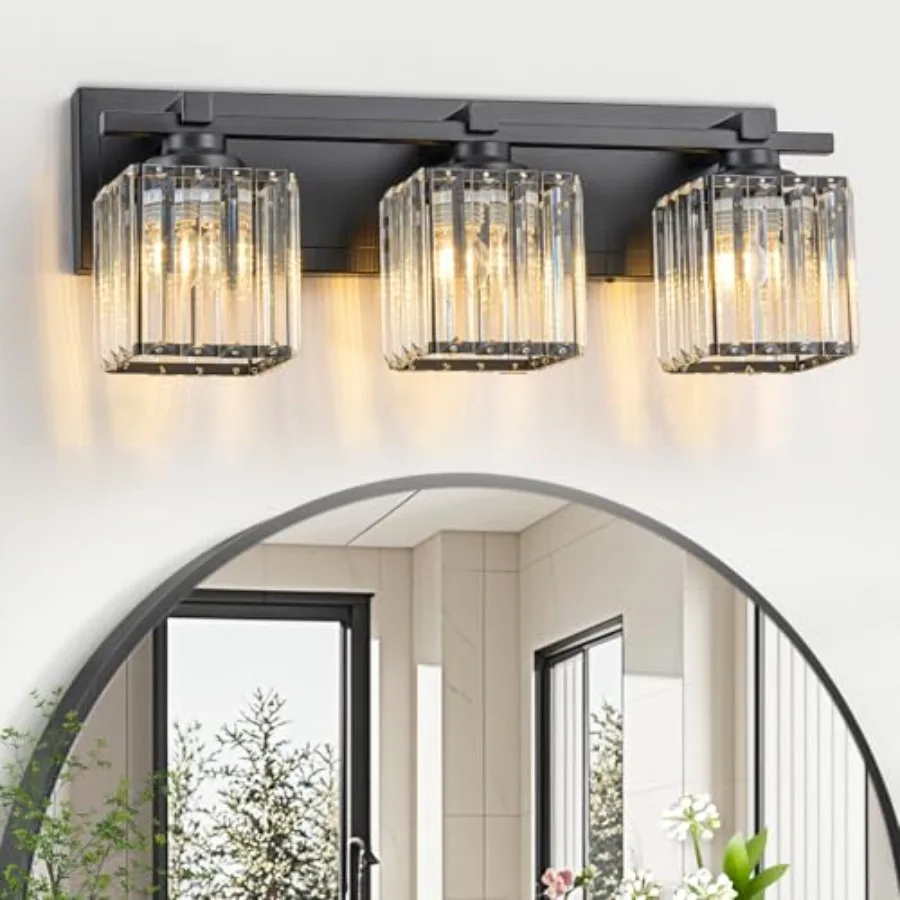

Crystal Bathroom Light Fixtures, 3 Light Black Vanity Lighting Over Mirror with Crystal Shades, Modern Bathroom Vanity Light fo