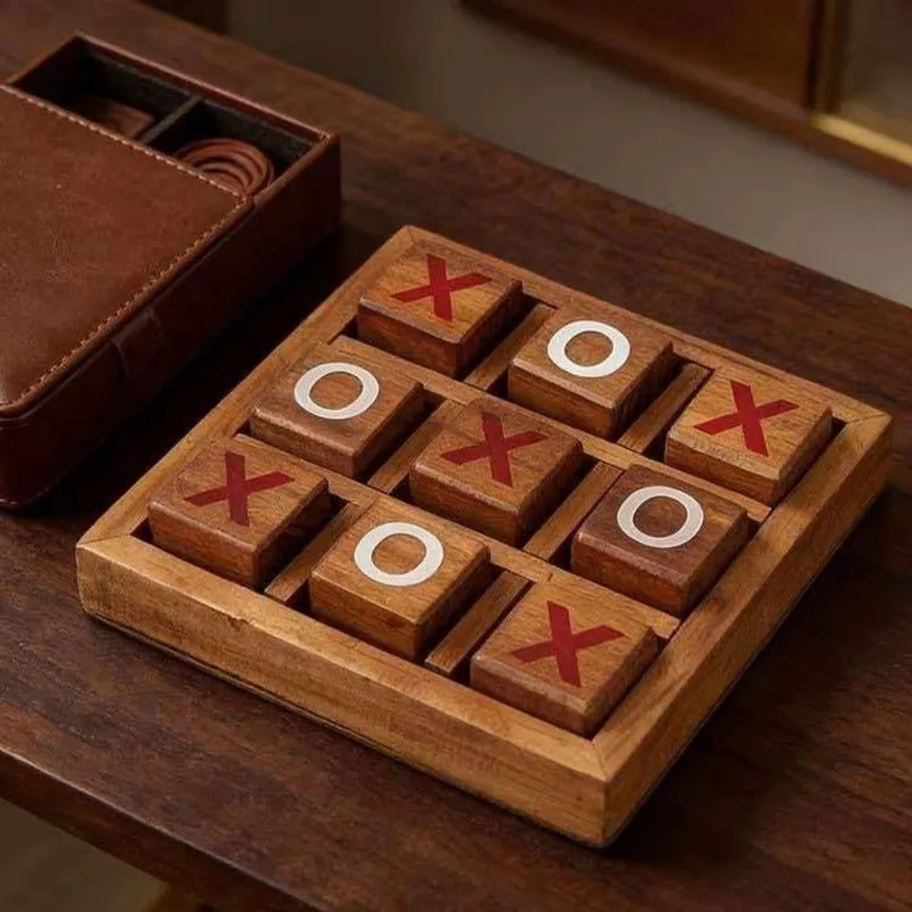 Portable Tic Tac Toe Game Handcrafted Finish Training Traditional XO Chess Set Interactive Design Wooden
