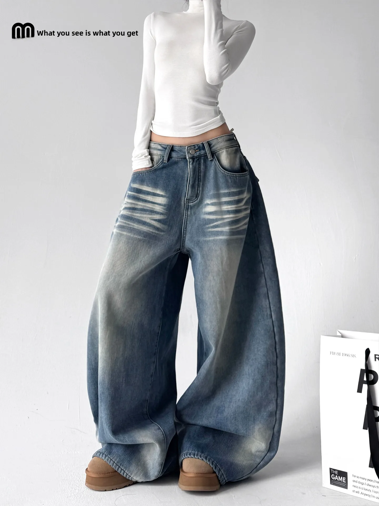 

American Retro Fleece Lined 3D Jeans Women Sexy Loose Lazy Feeling Floor Length Pants Low Waist Button Closure Cotton Ble...