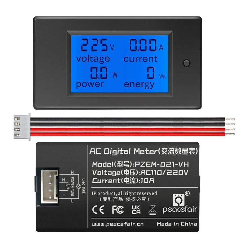 Imagem -03 - Peacefair Digital Lcd Power Meter Voltímetro Eletricista Wattímetro Testador de Corrente Monofásico ac 80260v 10a 4in Pzem021-vh