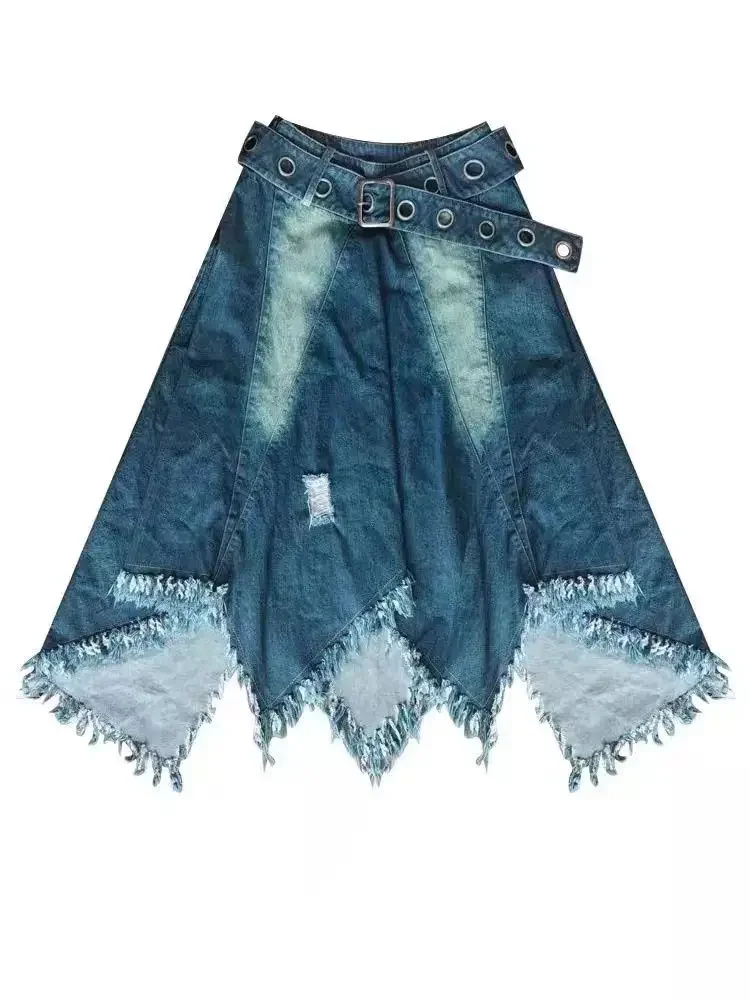 MiiiiX American Casual Retro Style Denim Skirt Women's 2024 Autumn Tassel Design Ruffles Loose Skirt with Belt Female Clothes