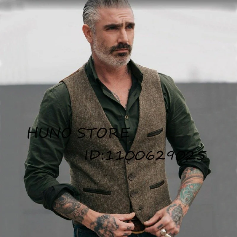 Herringbone Mens Vest V Neck Single Breasted Punk Wool Sleeveless Jacket Wedding Evening Brown Male Tank Top Gilet Mannen