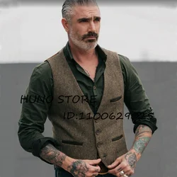 Herringbone Mens Vest V Neck Single Breasted Punk Wool Sleeveless Jacket Wedding Evening Brown Male Tank Top 	 Gilet Mannen