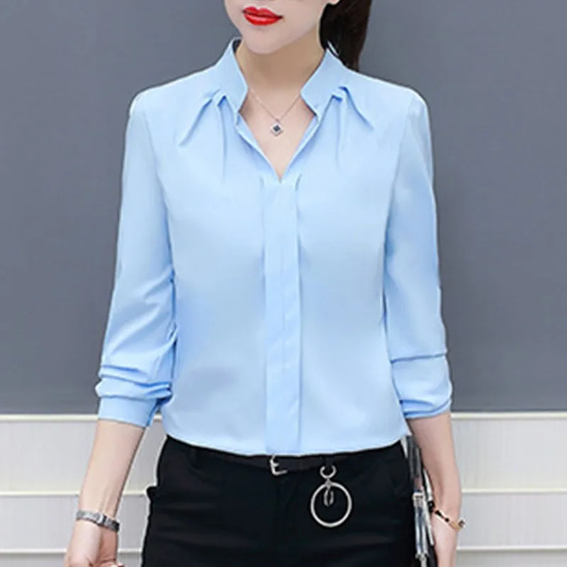 Women V-Neck Blouses Solid Color Spring Autumn Elegant Streetwear Casual Ladies Long Sleeve Shirts Female Loose Pullover Tops