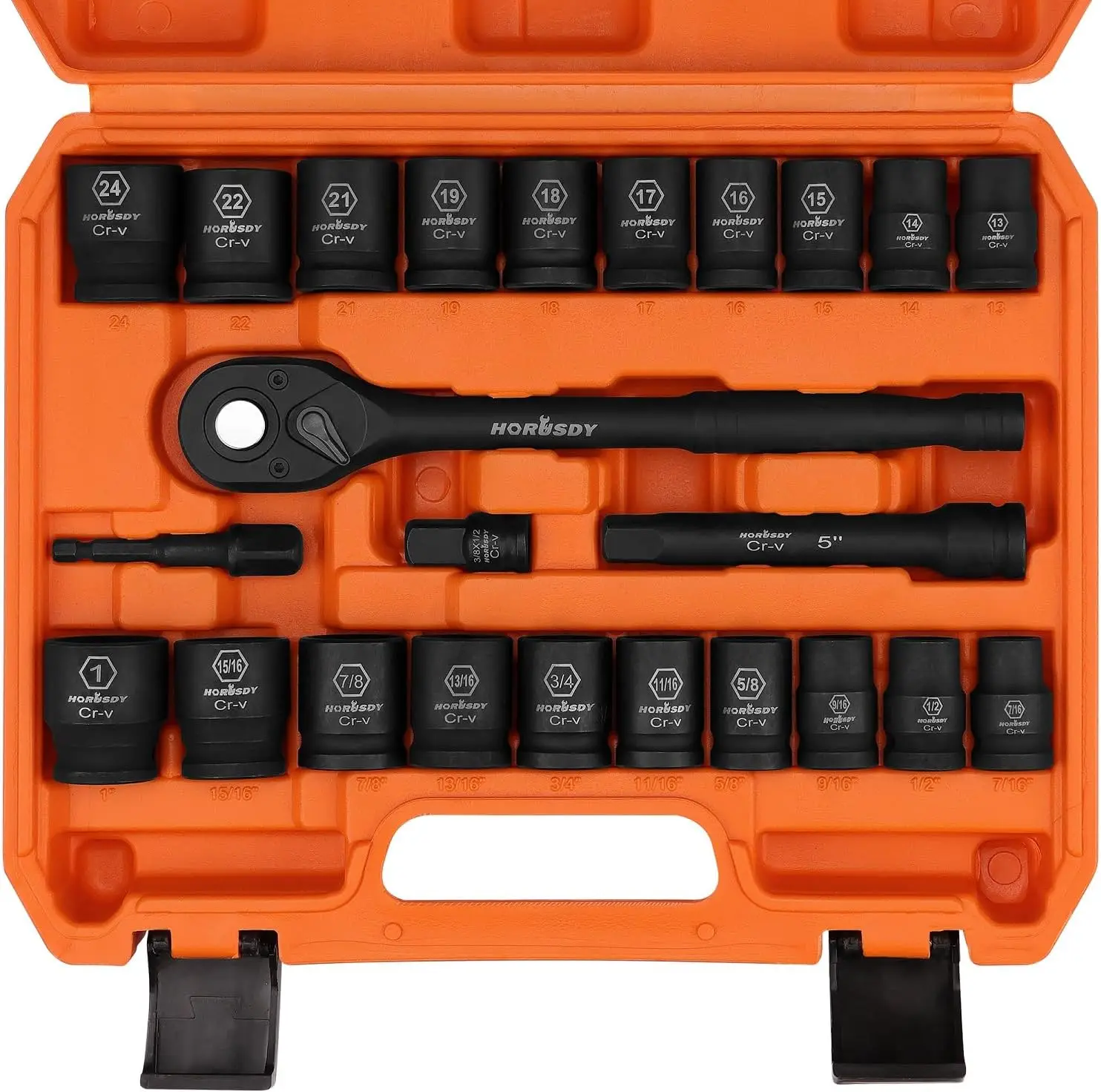 

Drive Impact Socket Set, 24-Piece Shallow Standard SAE and Metric Size,Cr-V, with Drive Ratchet Handle, Drive Extension Bar