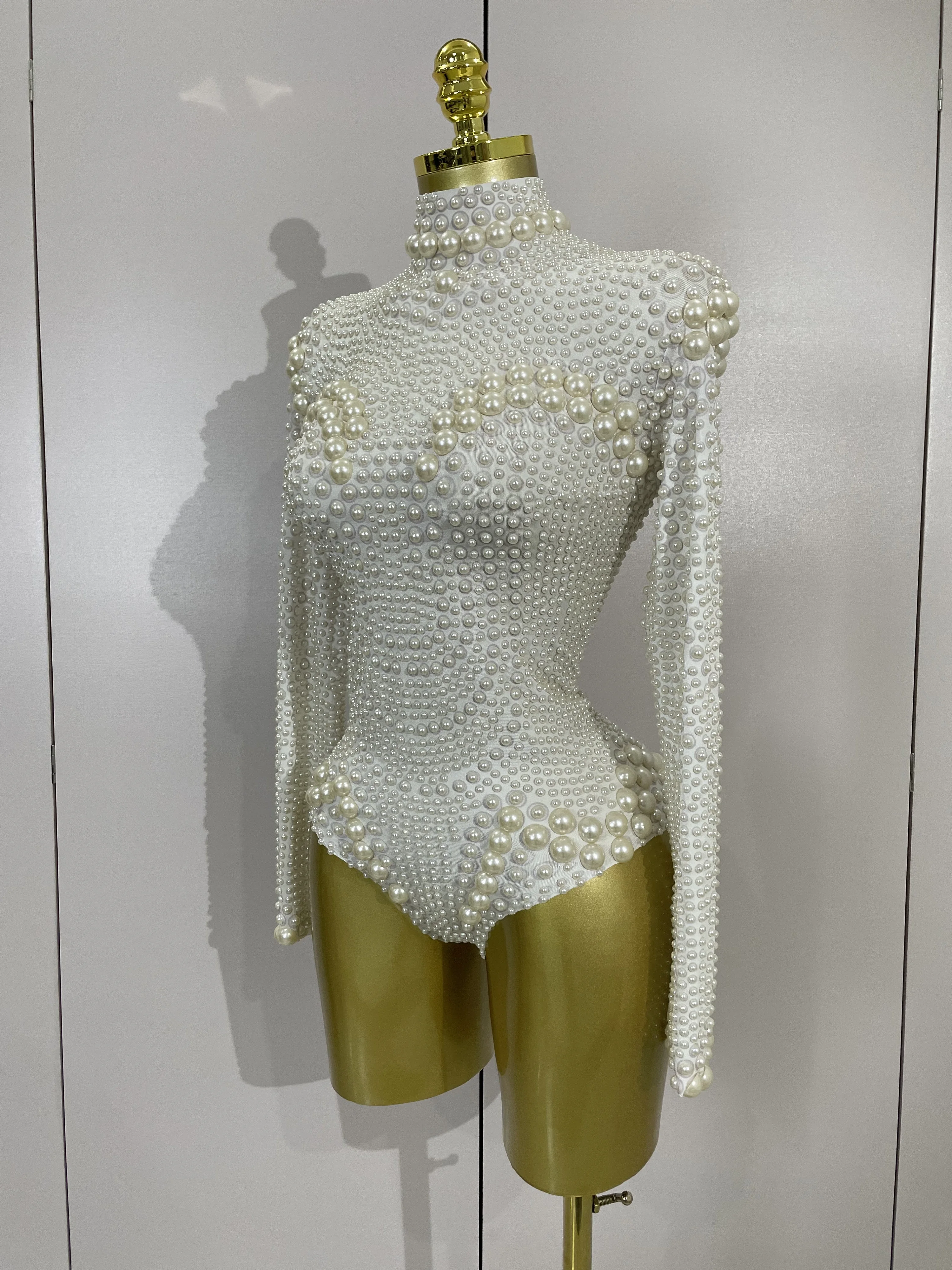Luxury White Full Pearl Long Sleeved Stretch Bodysuit Women Birthday Evening Party Celebrate DJ Performance Nightclub Stage Wear