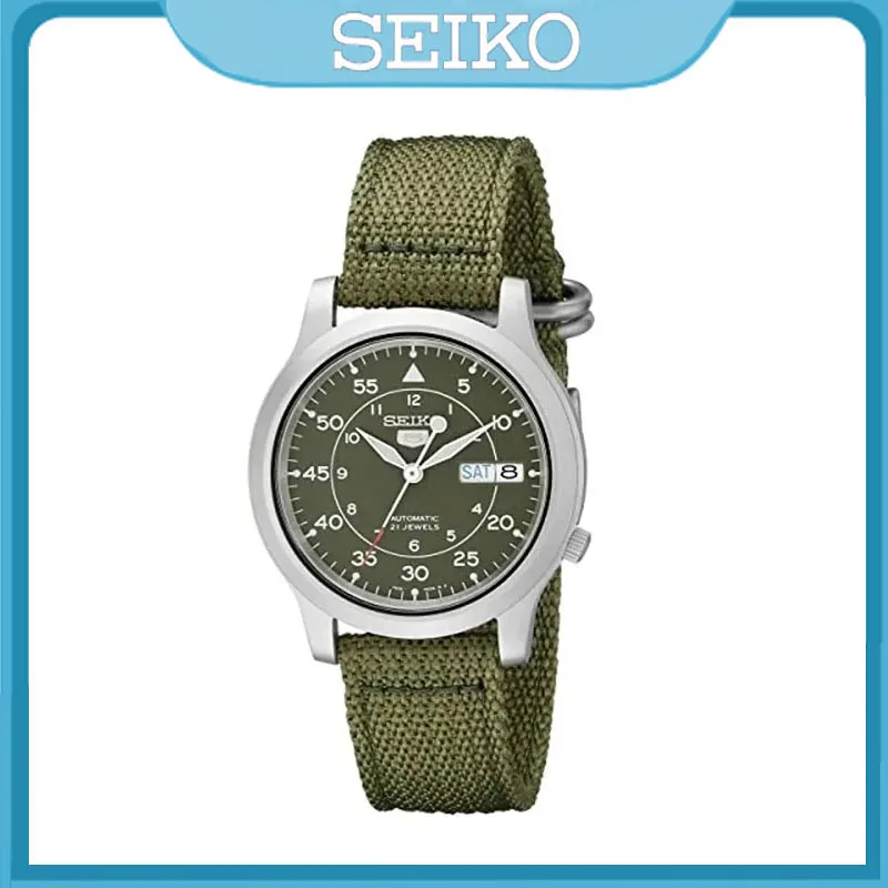 SEIKO Watches for Men\'s 5 Automatic Stainless Steel Watch with Green Canvas Mechanical Luxuy Watch SNK805 Waterproof Wristwatch