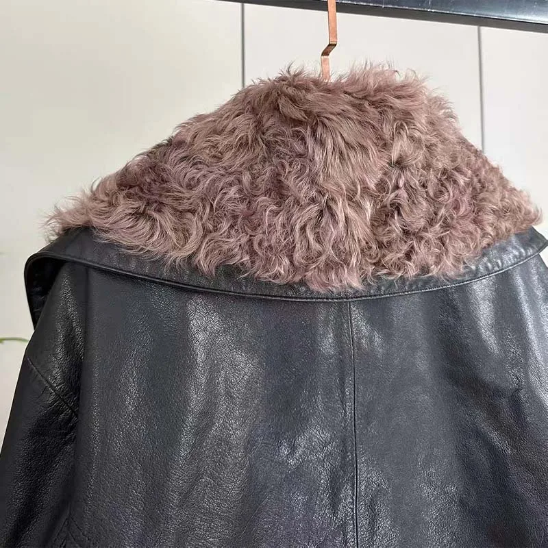 cappotto da donna invernale Piumino in pelle spesso caldo di alta qualità corto collo in vera pelliccia di lana vera pelle di pecora