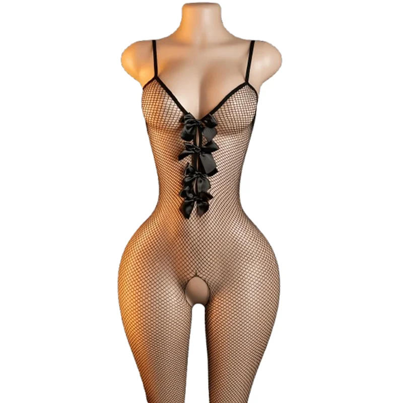 1 x Women's sexy lace-up bodysuit featuring a bow and floral design, an open-crotch style, and mesh fabric with shoulder straps.