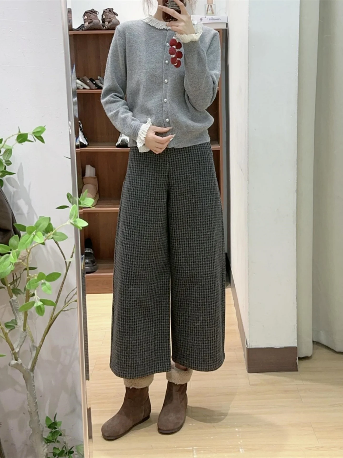 

Женские повседневные твидовые брюки палаццо с высокой талией больших размеров, в клетку, осенне-весенние, модные, корейский стиль, стройнящие