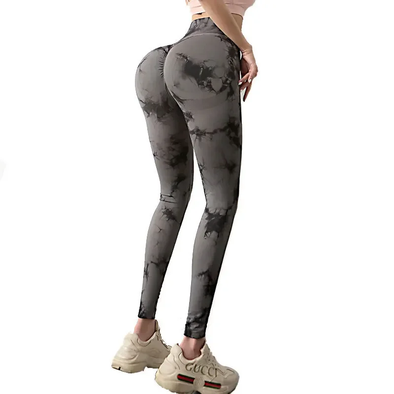 Nahtlose Pfirsich Yoga Leggings Damen Tie-Dye Tie-Bleached Print hohe Taille Hüftlift Sport Lauf Turnhose