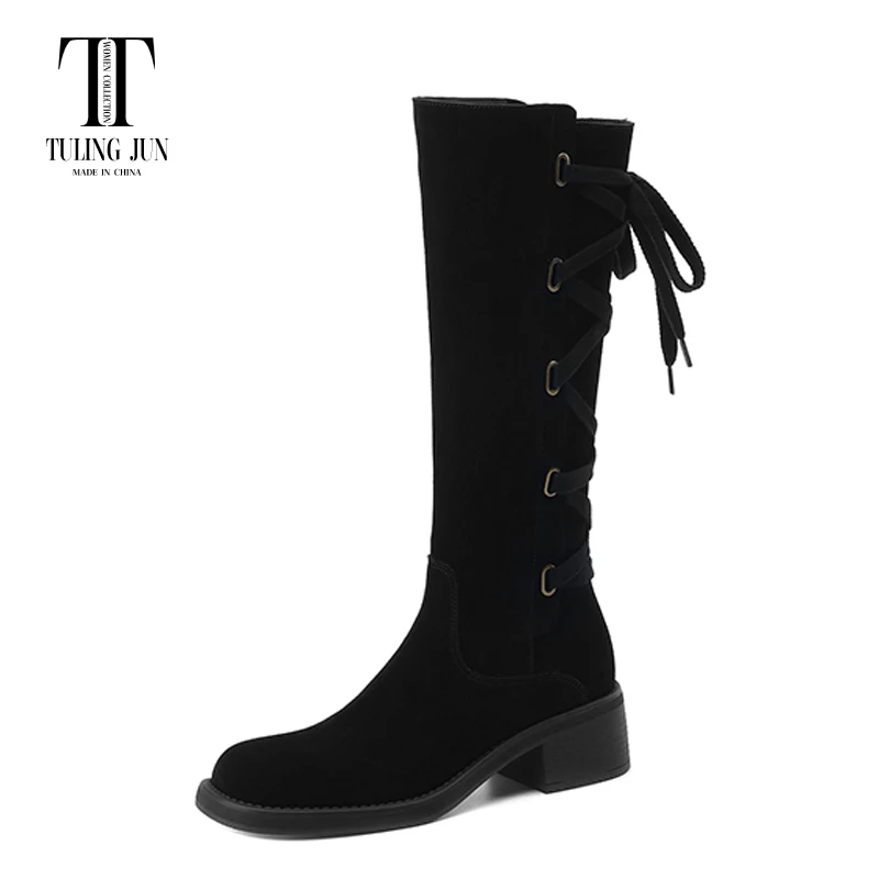 

TULING JUN 2023 Winter Back Tie High Women's Boots Rounded Toe Medium Heel Fashion Simplicity Retro Comfort Shoes For Women L