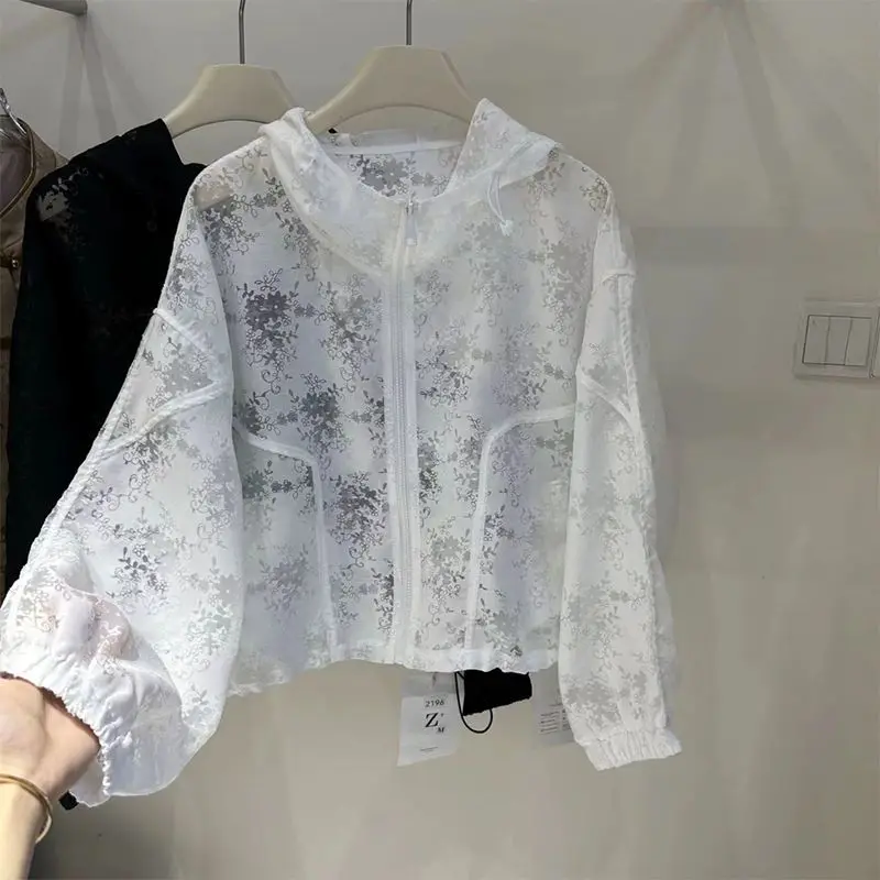 Chaqueta de protección solar con cremallera elegante de encaje para mujer, chaquetas de primavera y verano, abrigo holgado, prendas de vestir Retro