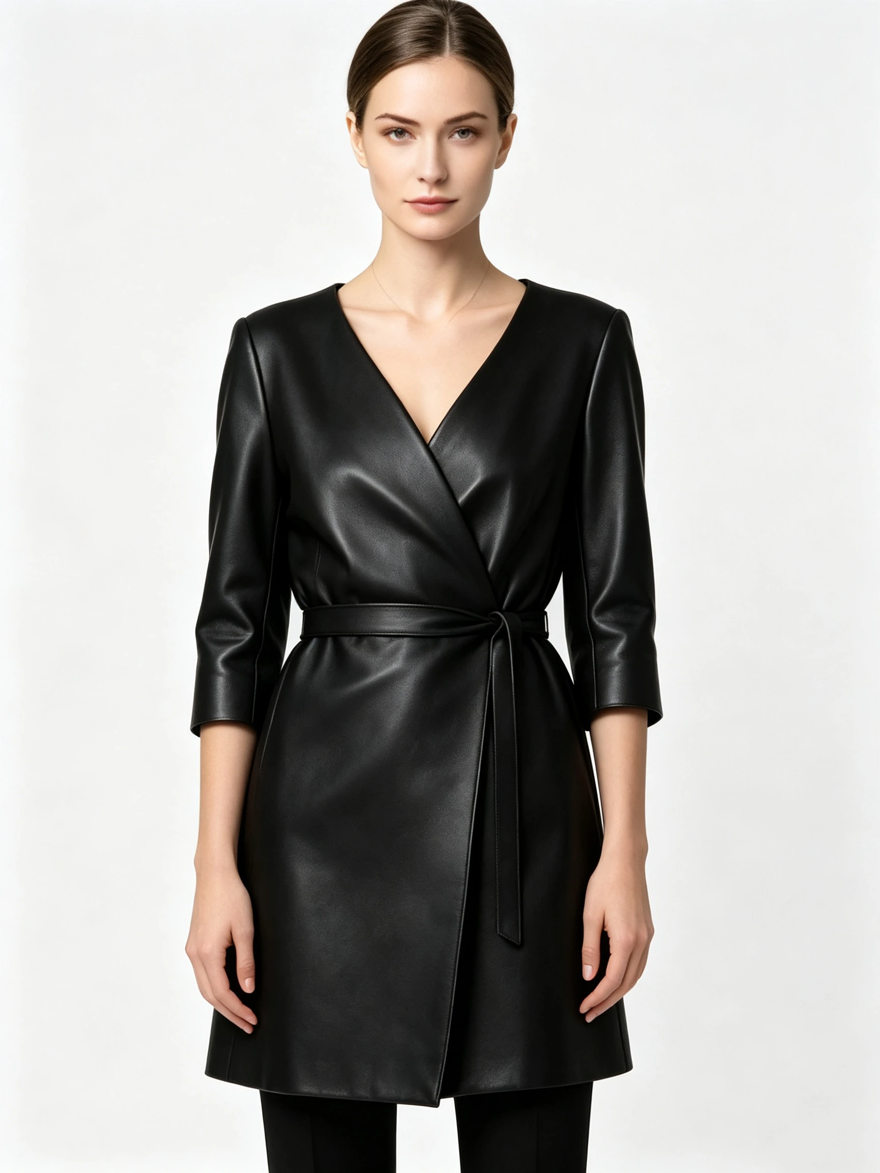 Women's Faux Leather Wrap Dress with V-Neck and Self-Tie Belt