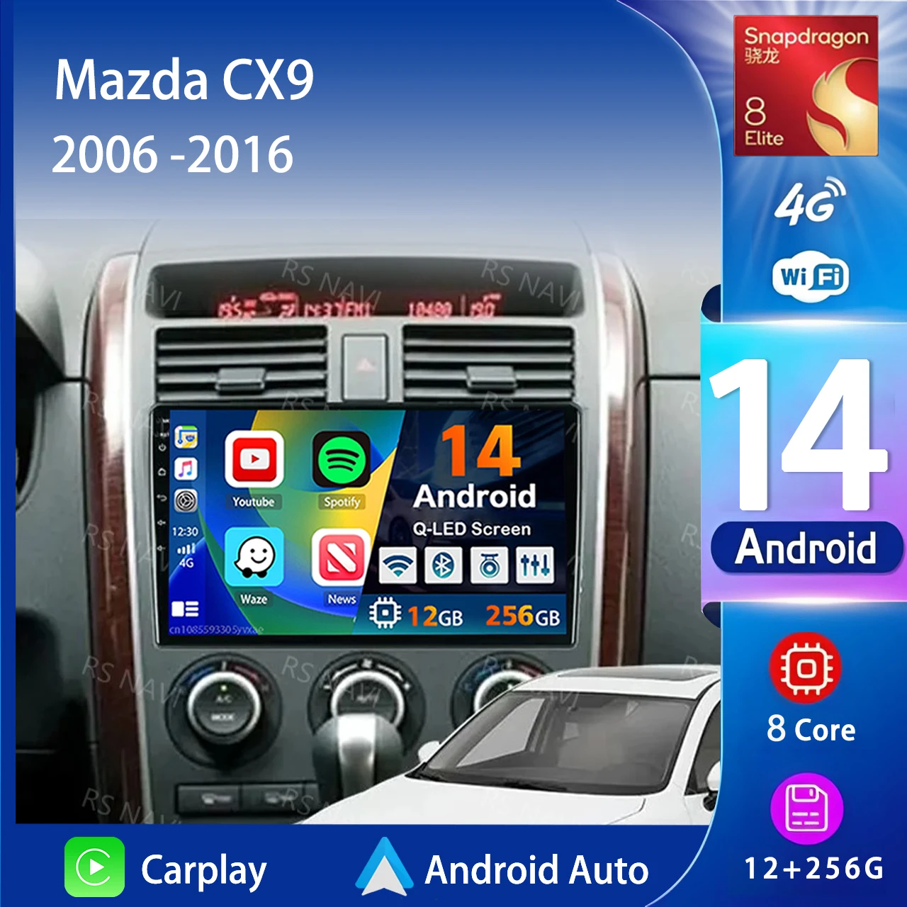 Android 14 Carplay Auto 2K Screen Car Radio Multimedia For Mazda CX9 CX-9 CX 9 TB 2006 -2016 WIFI+4G Autoradio Stereo Head Unit