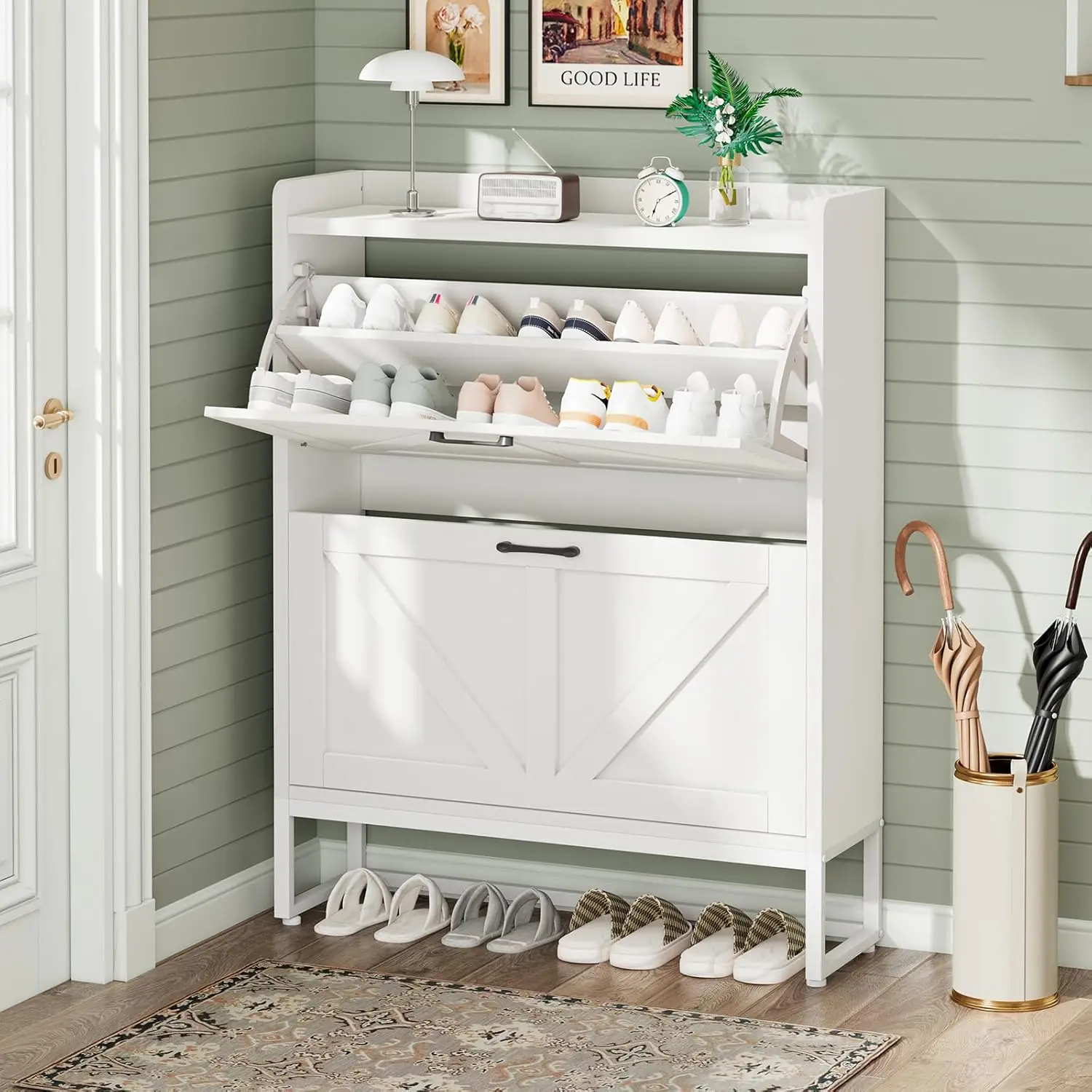 

Space-Saving Shoe Cabinet with 2 Flip Drawers & Adjustable Shelf, Holds 16+ Pairs for Entryway/Hallway (White)