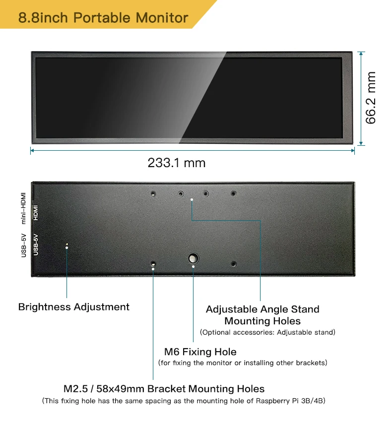 LESOWN-Moniteur portable à écran tactile, longue bande, 8.8 pouces, 480x1920, IPS, barre, LCD, deuxième écran, HDMI, Aida64 pad Display