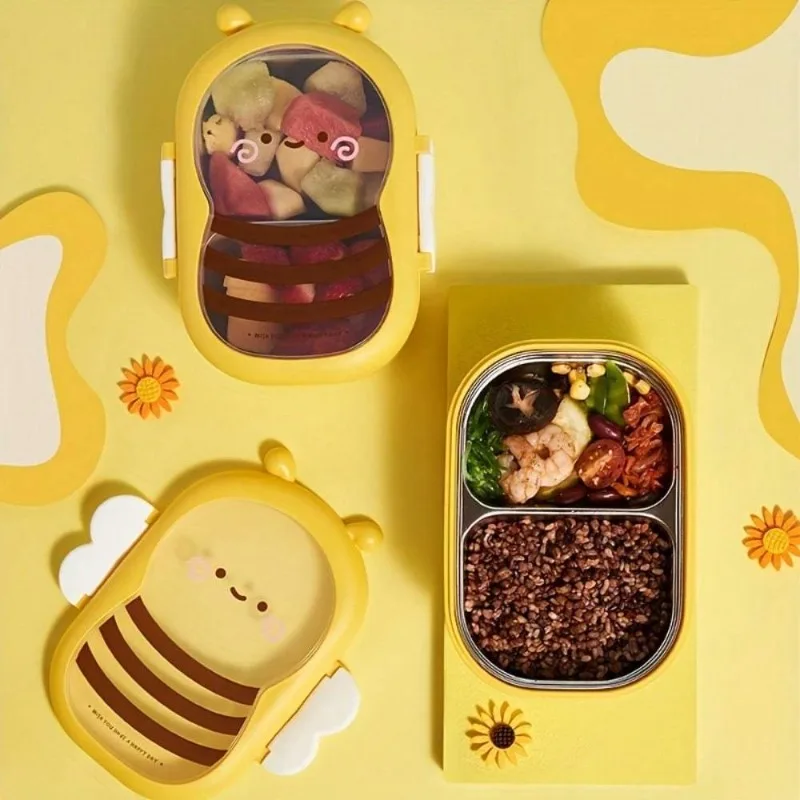 Cute Cartoon Bee Pattern Insulated Lunch Box with Compartments Leakproof Thermal Food Jar for Kids Students School Picnic Use